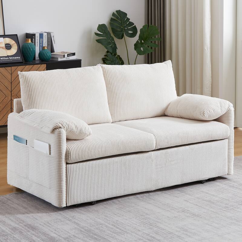65" Corduroy 2-Seater Sleeper Sofa, 3-in-1 with Storage and Side Pocket