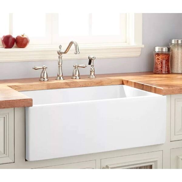Farmhouse Apron Front Fireclay 33 in. x 18 in. x 10 in. Plain Single Bowl Kitchen Sink with Center Drain in White Farmhouse Apron Front Fireclay 33 in. x 18 in. x 10 in. Plain Single Bowl Kitchen Sink with Center Drain in White