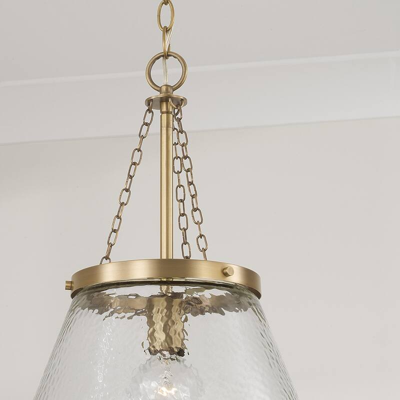 14.5" W x 20.25" H 1-Light Cone Pendant in Aged Brass with Organic Hammered Glass - 14.5"W x 20.75"H