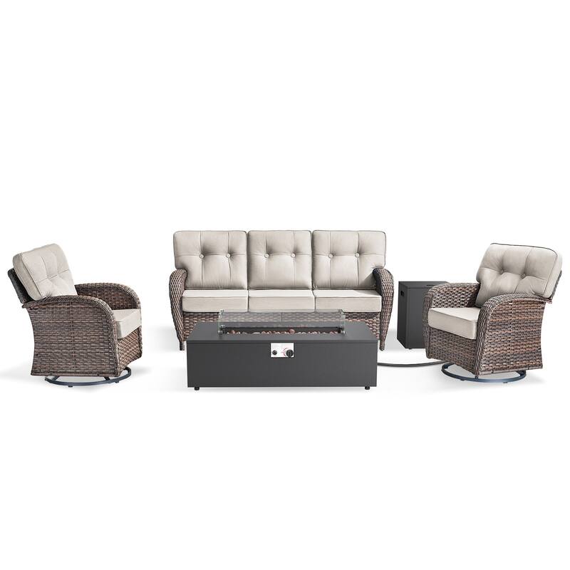 Pocassy 43-In Fire Pit w/ Outdoor Sofa Swivel Chair Ottoman Set