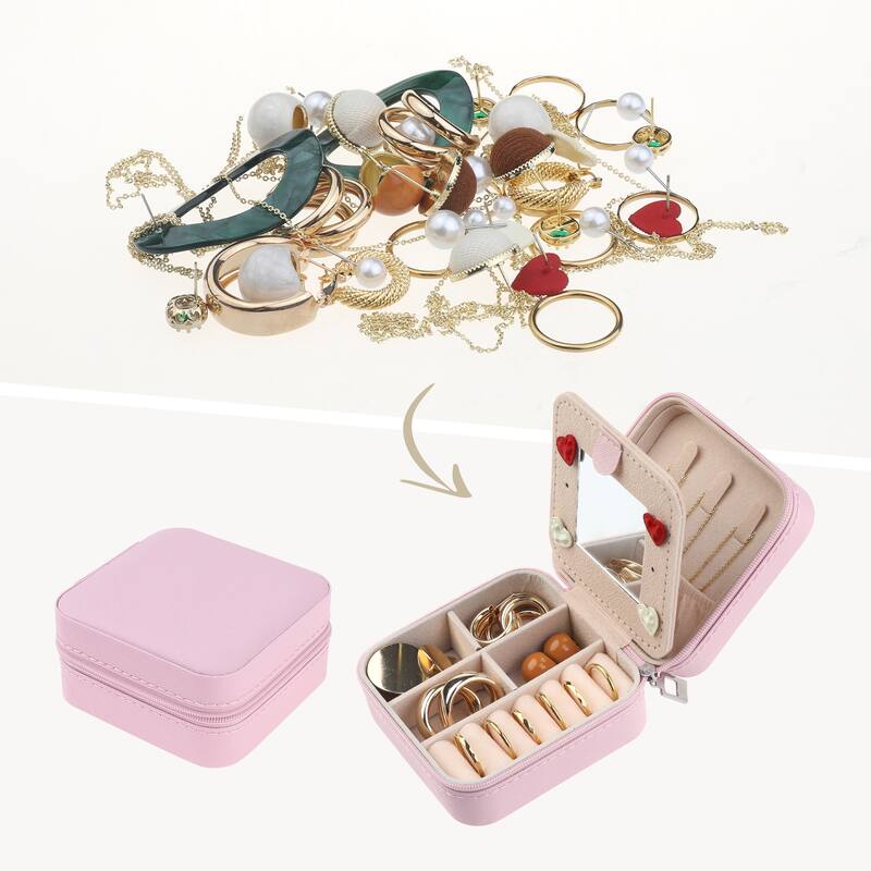 Travel Jewelry Box with Mirror, Small Portable PU Leather Jewelry Organizer Case Storage Display Holder - 10x10x5cm - Pink