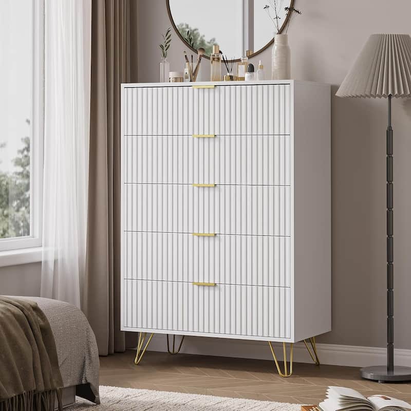 FURNIWAY Fluted Drawer Dresser for Bedroom - White - 5-drawer