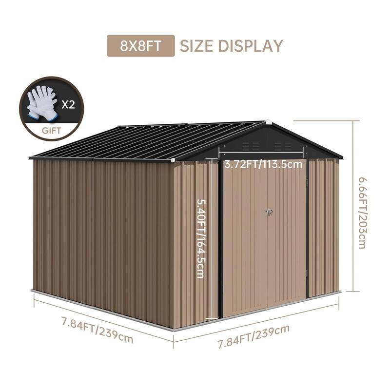 8x8 FT Metal Outdoor Storage Shed, Steel Utility Tool Shed Storage House with Lockable Door Design