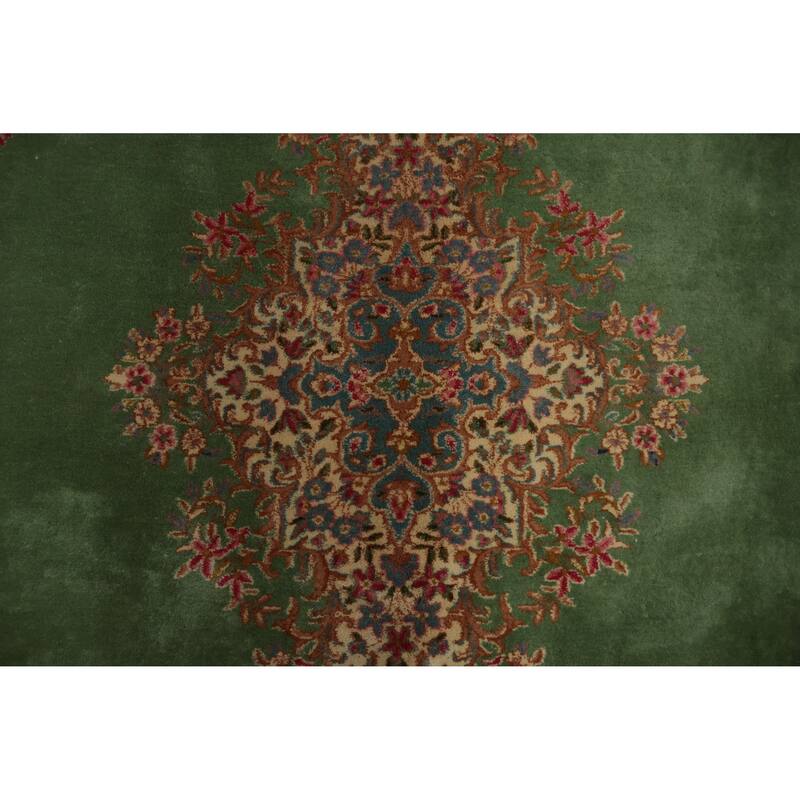 Hand Knotted Oriental 100% Wool Carpet Traditional Floral Green Kerman Area Rug - 11' 9'' X 8' 6''