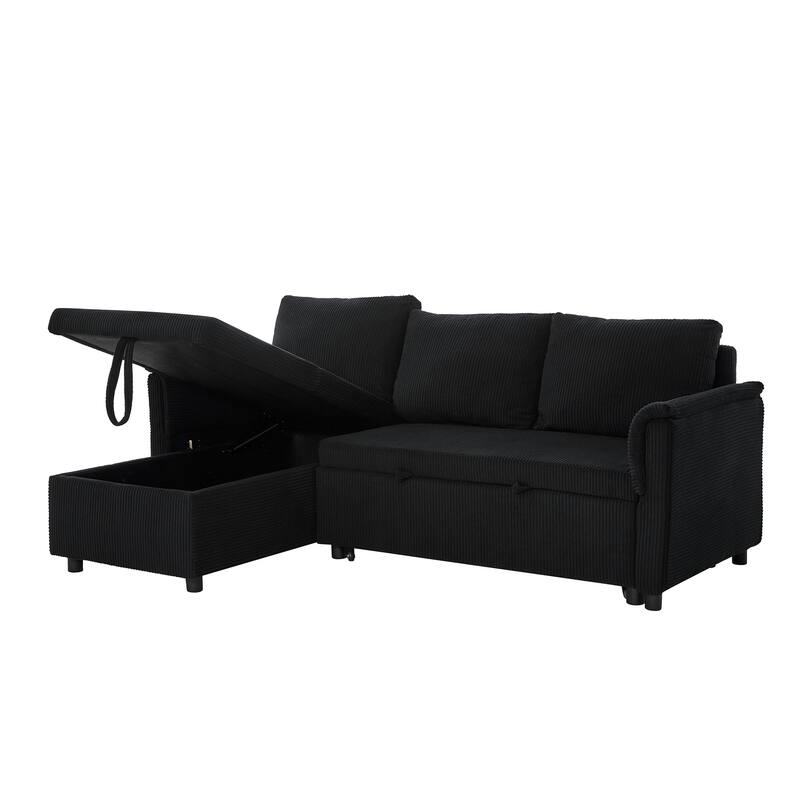 Corduroy L-Shape Sofa Convertible Sofa with Pull Out Sleep Bed