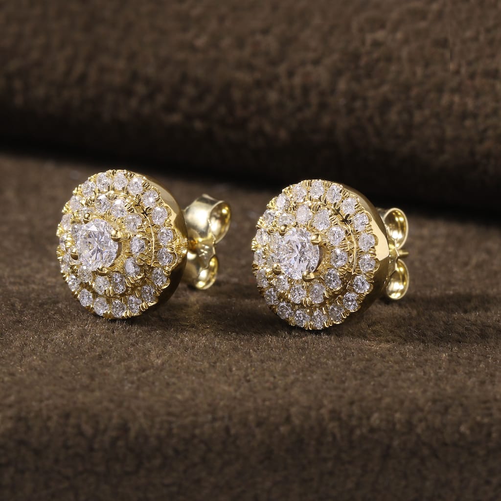 14k Yellow Gold 1ct TDW Diamond Double Halo Stud Earrings for Women