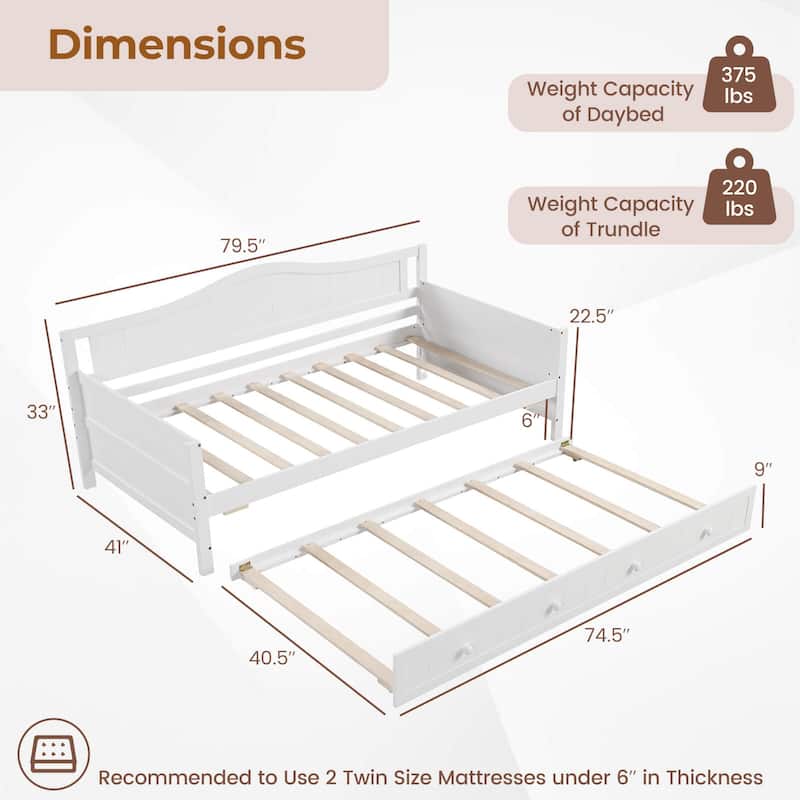 Costway Twin Size Daybed with Trundle Solid Wood Sofa Bed with Slats