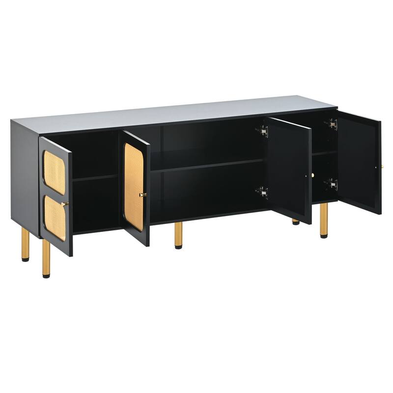 Rattan TV Stand for TVs Up to 70", Wood Media Console Table with 3 Cabinets, TV Media Storage Cabinet for Living Room