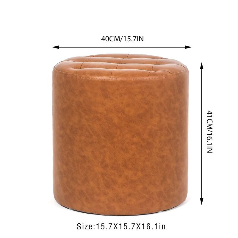 Adeco Round Ottoman Upholstered Tufted Faux Leather Footrest