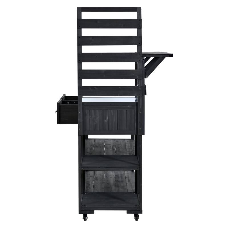 Solid Wood 62.3'' Patio Kitchen Island Kitchen Cart with Stainless Table Top, Garden Potting Bench with Raised Shelf and Drawers