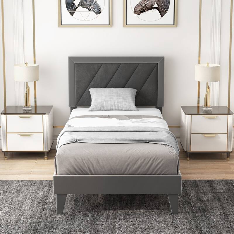 Twin/Full/Queen Platform Bed with High Headboard and Wooden Slats