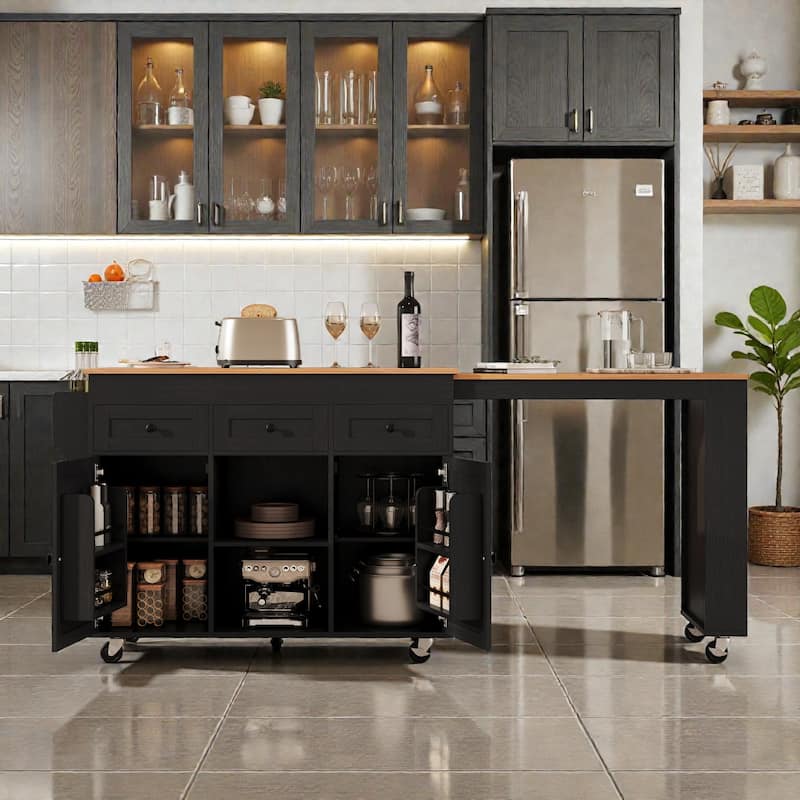 85.5" Extendable Kitchen Island with Dining Table, Rolling Storage Island with Power Outlet, Shelves, Drawers and Cabinets