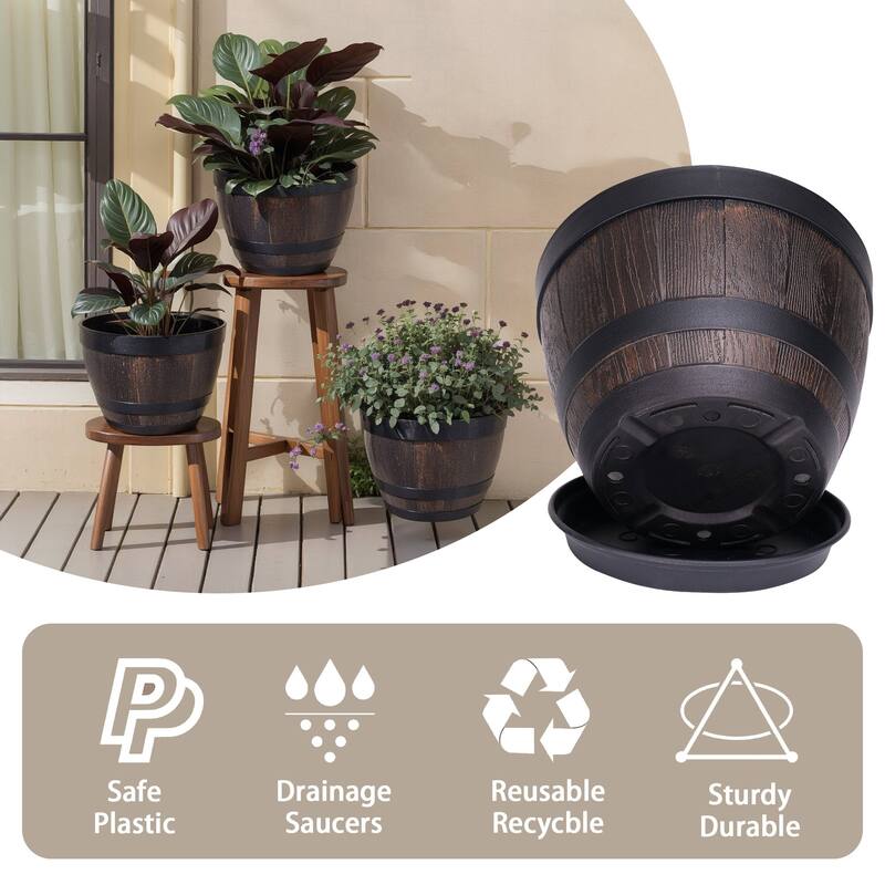 Javlergo 3 Pack 9" Barrel Planters Set with Drainage Holes PP Plastic Plant Pot Set for Indoor Use Outdoor Garden