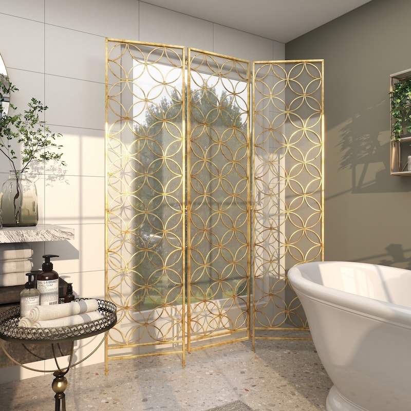 Metal Geometric Hinged Foldable Partition 3 Panel Partition Room Divider Screen - Brass - Roche River Decor