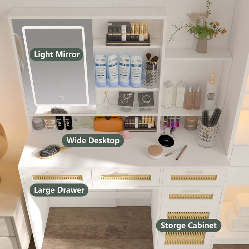 Makeup Vanity with Lights in 3 Colors,Openable Mirror,Vanity Desk with 4 Drawers,1 Cabinet,Shelves, Rattan Vanity Dresser