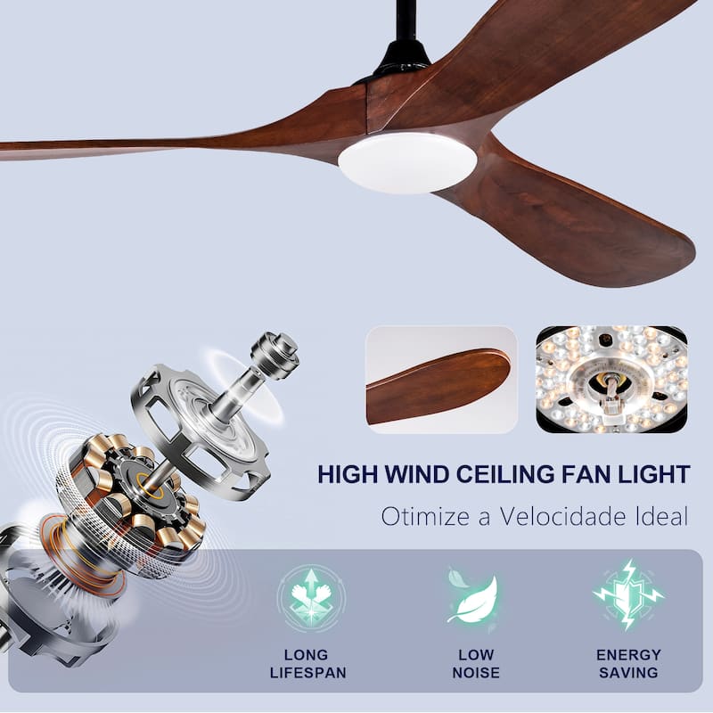 52 Inch Black Ceiling Fans With lights and Remote Control,18W Led Light, 3 Solid Wood Blades