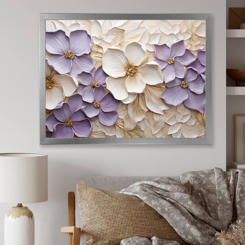 Designart "Purple And White Minimalism Violets " Violets Framed Canvas Art Print - 20 in. wide x 12 in. high - Silver