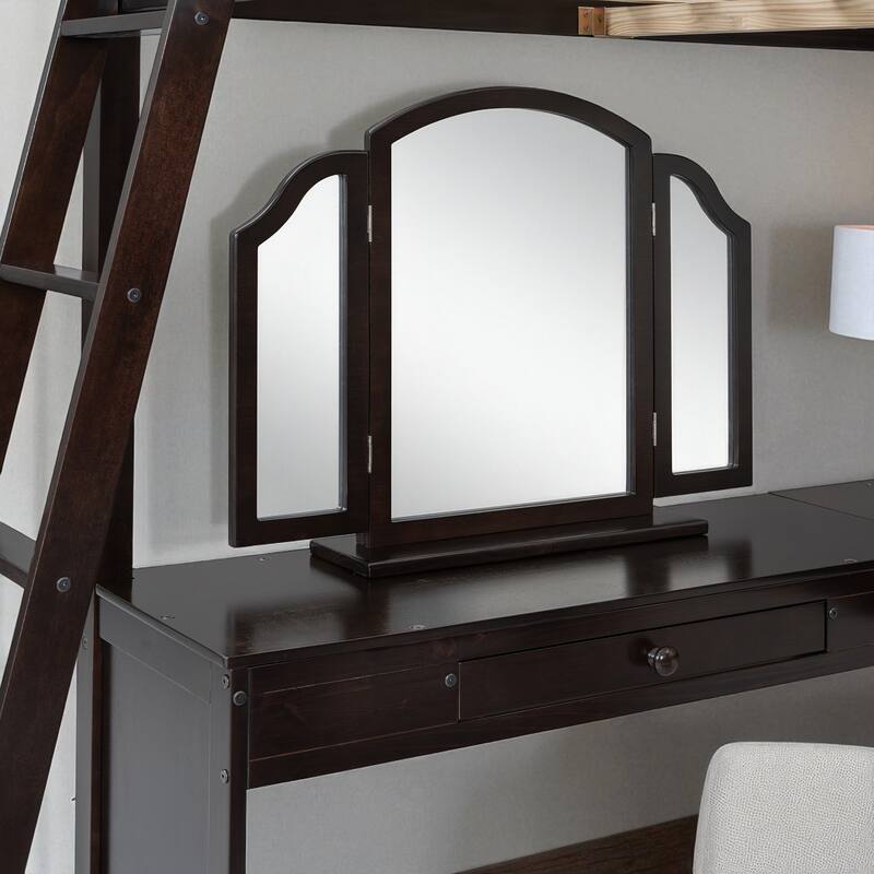 Full Size Wooden Loft Bed with U-Shaped Desk, 4 Compartments, 2 Drawers and Tri-Fold Mirror
