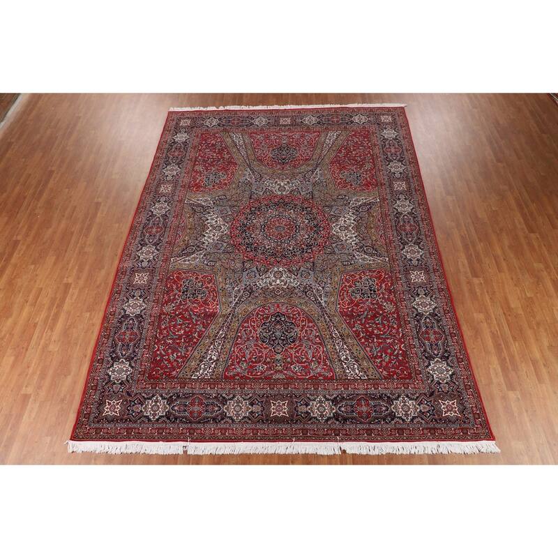 Red Floral Kashan Turkish Rug Machine-Made Bedroom Carpet - 9'7" x 12'9"