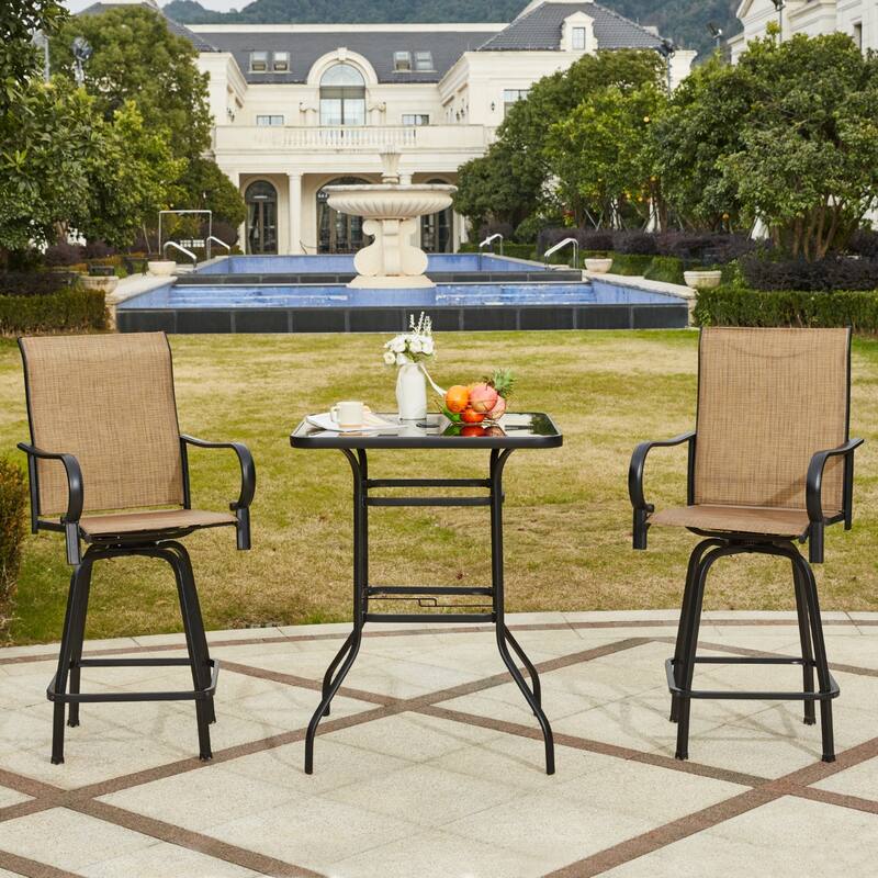 EROMMY Outdoor Swivel Bar Stools Set of 2, 360 Degree Patio Bar Height Chairs with High Back and Textilene Fabric for Garden. - 3-Piece Bar Set