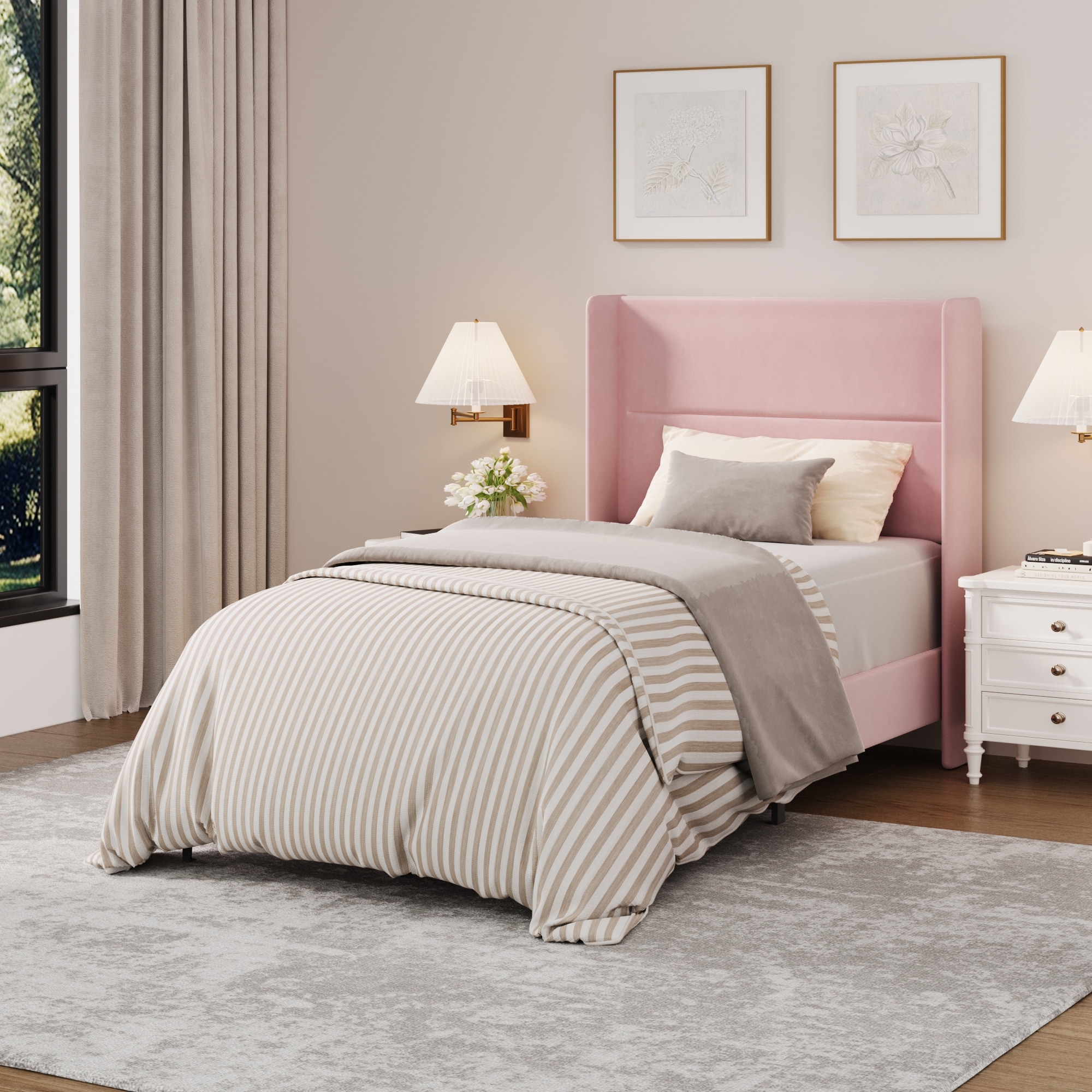 Queen Size Bed Frame with Wingback Headboard, Velvet Upholstered Platform Bedframe