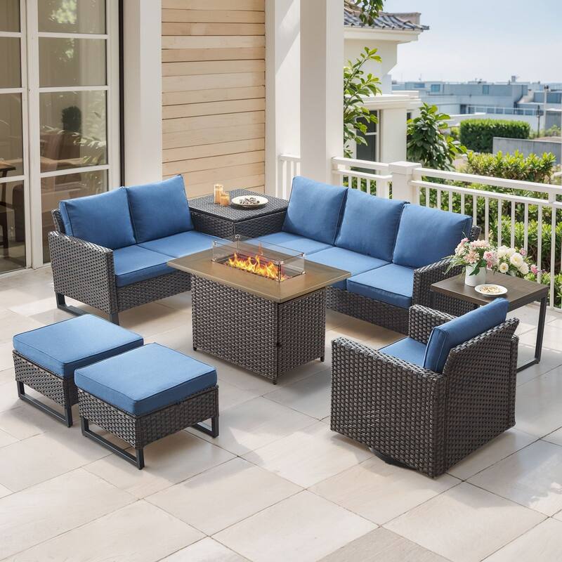 Gymojoy 6-8 Person All-Weather Wicker Outdoor Conversation Set Seating Group With Fire Pit Table