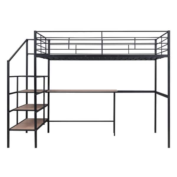 slide 2 of 11, Full Size Metal Loft Bed with Desk and Lateral Storage Ladder Black
