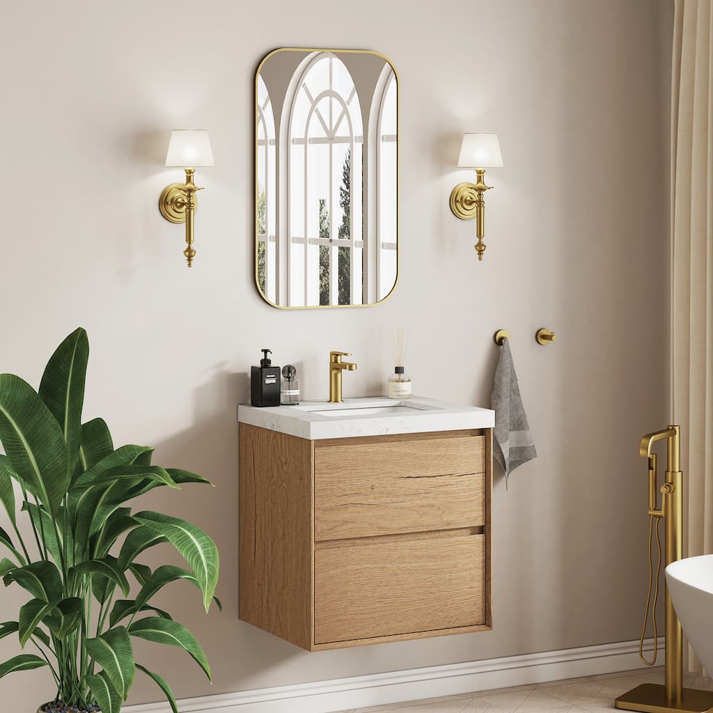 Sylphar 24 inch Bathroom Vanity with Sink, Floating Oak Cabinet with Stone Top