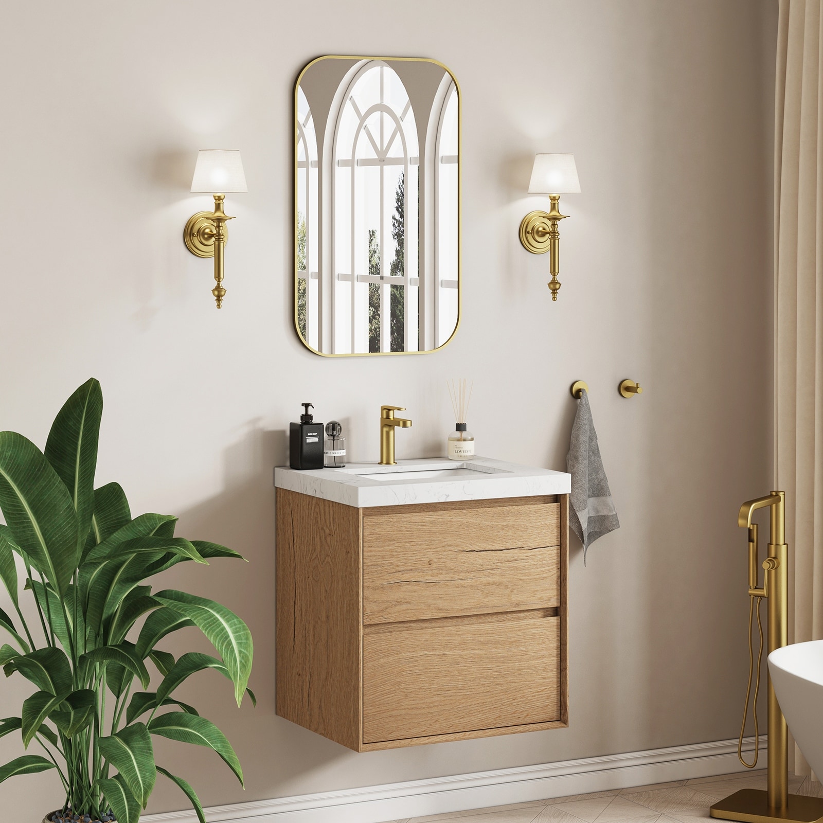 Sylphar 24 inch Bathroom Vanity with Sink, Floating Oak Cabinet with Stone Top