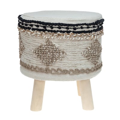 15.75" Beige Round Transitional Cotton Wooden Stool