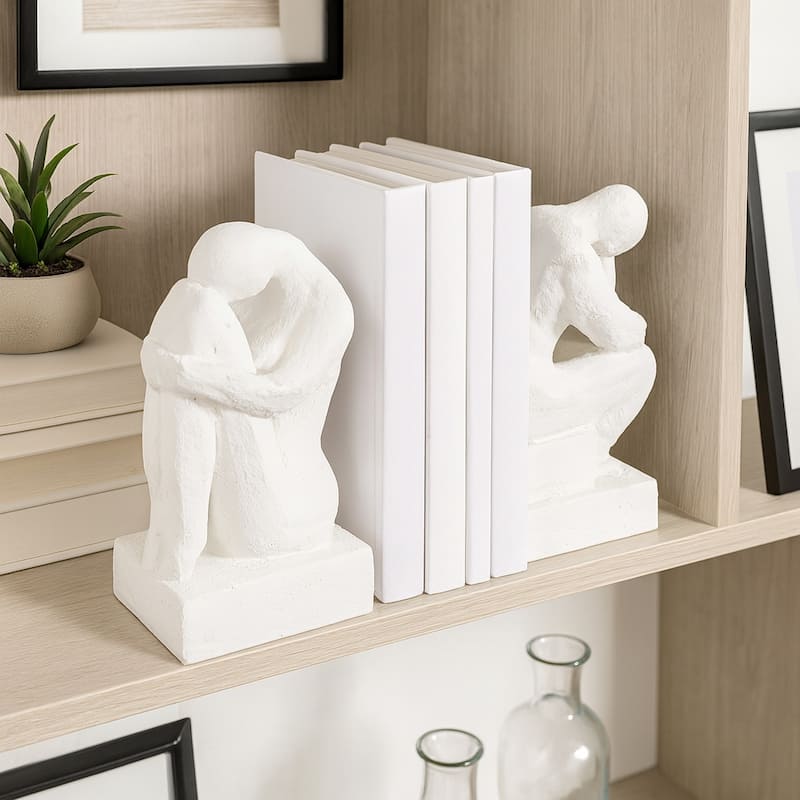Sagebrook 7" Solid Color Square Thinking Man Bookends - 4" x 3" x 7" - White