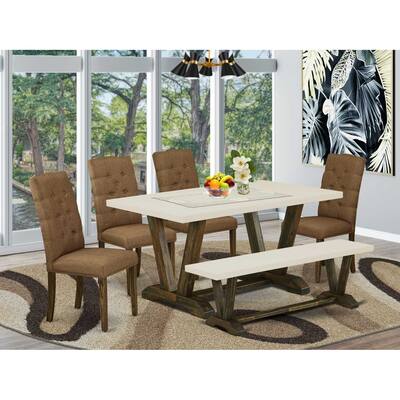 HomeStock 6-Pc Rectangle Distressed Jacobean Finish Solid Wood Top Dining Table with 1-Bench, 4-Chairs