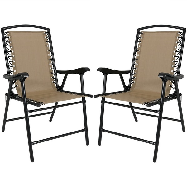 Khaki Sunnydaze Mesh Outdoor Suspension Folding Patio Lounge Lawn Yard Chair 