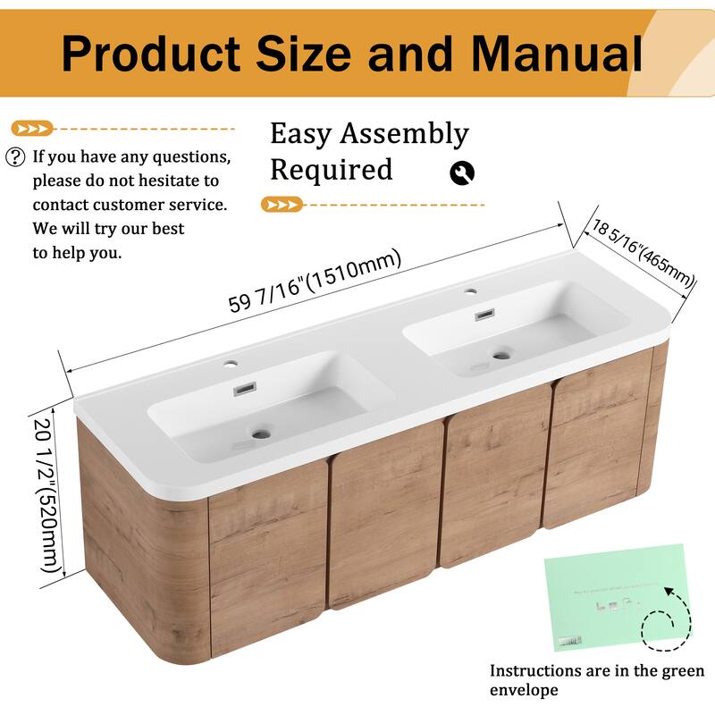 Malwee 48"/60" Floating Bathroom Vanity with Sink, Wall Mounted Bathroom Vanity with Soft Close Door