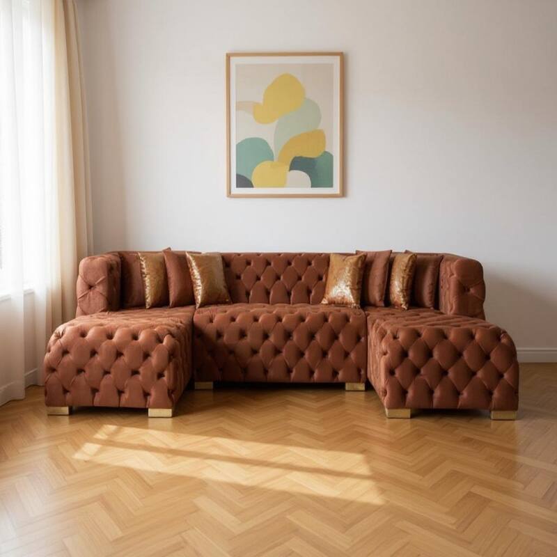HomeRoots Tufted Orange Velvet Modular U Shaped Sofa and Chaise Sectional With Toss Pillows - Symmetrical