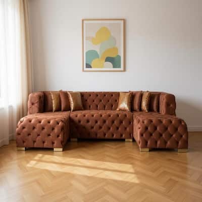 HomeRoots Tufted Orange Velvet Modular U Shaped Sofa and Chaise Sectional With Toss Pillows