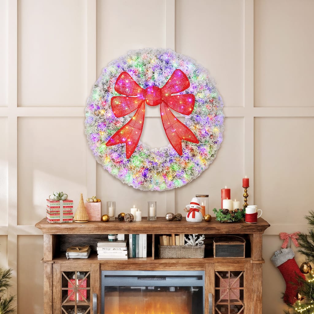 HOMCOM 36in Flocked Pre-Lit Wreath: 140 LED, 11 Modes, Remote, 3D Bow, Indoor/Outdoor