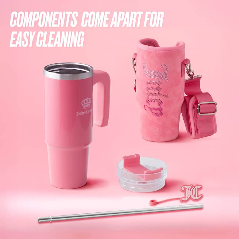 Juicy Couture Jetsetter Hydration Stainless Steel Tumbler with Handle, Straw & Topper with Velour Crossbody Pouch