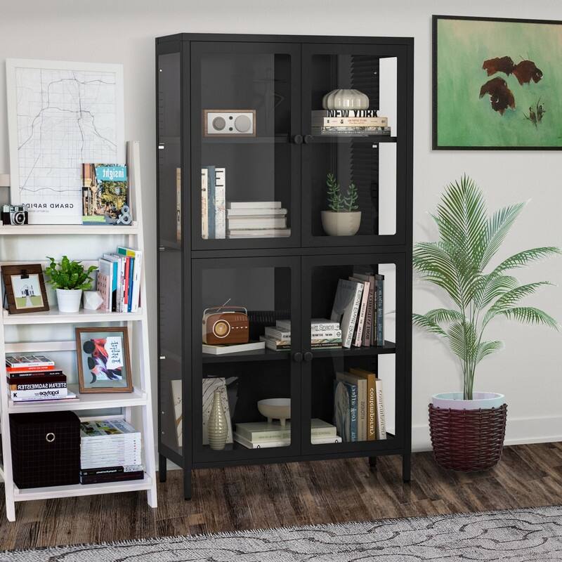 Storage Cabinet with 4 Glass Doors, Modern Sideboard Cabinet with Adjustable Shelves & Steel Feet, Accent Cabinet for Kitchen