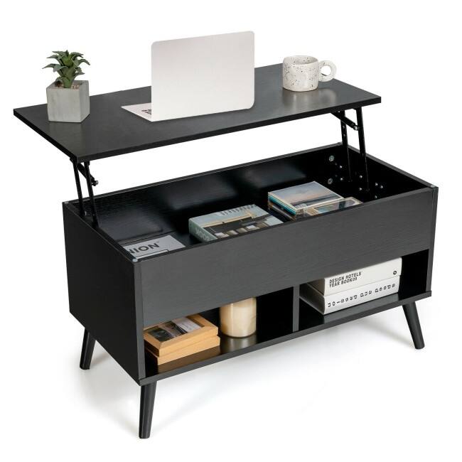 31.5 Inch Lift Top Coffee Table with Hidden Compartment and 2 Storage Shelves - 31.5" x 15.5" x 17.5" (L x W x H) - Black