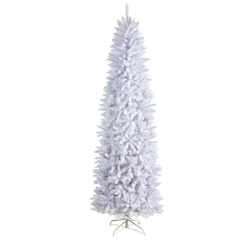 8’ Slim Snow White Artificial Christmas Tree, Warm Clear LED Lights - 8 Foot
