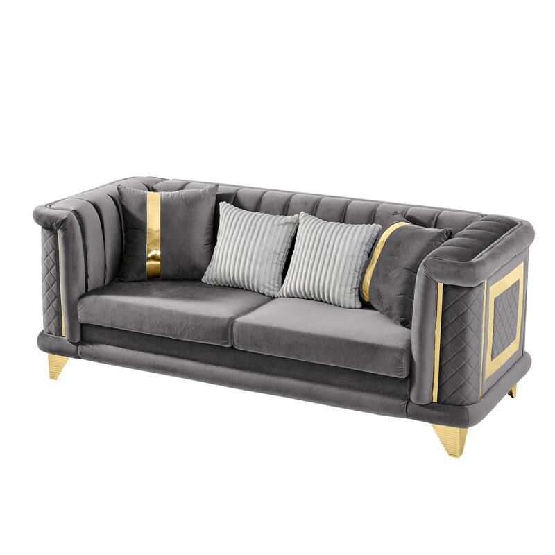 89 Inches Gray Velvet 3 Seater Luxury Sofa with Gold Stainless Steel Trims and Embroidered Texture