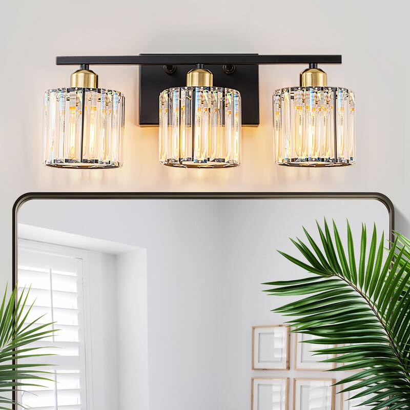 Starsky 3-Light 19inch Modern Bathroom Glass Crystal Vanity Light Wall Sconces - Black and Gold