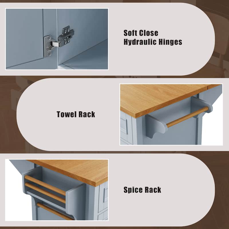52" Rolling Kitchen Island Cart, Embossed Texture Kitchen Island on Wheels, Kitchen Storage Cart with Drop Leaf