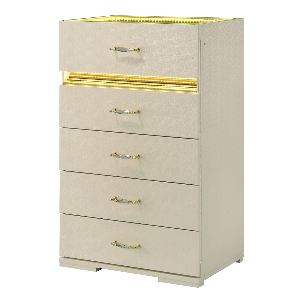 Furniture of America Saven Modern Beige Solid Wood 5-Drawer Chest with LED Light