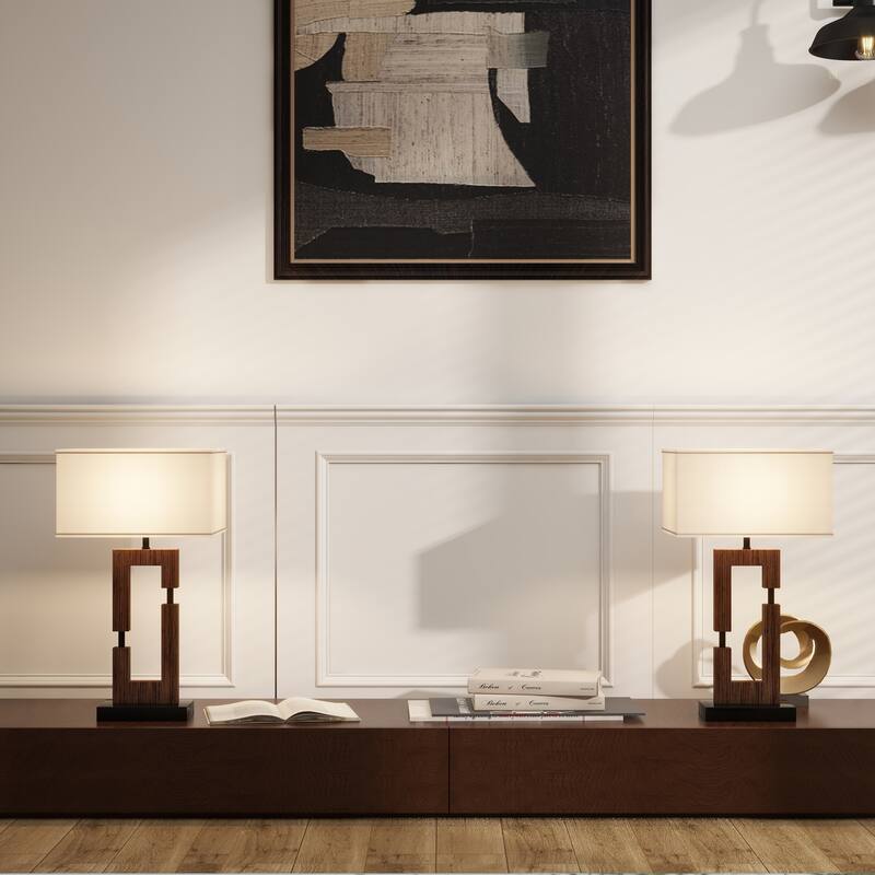 Set of 2 Painted Table Lamp - Dark Wood