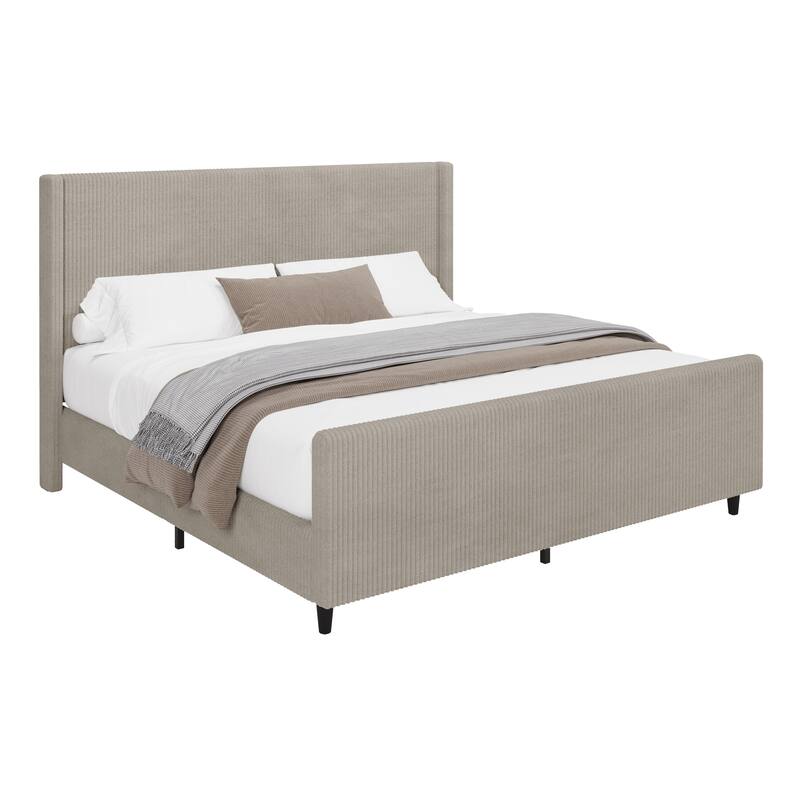 Vertical Stripe Wingback Bed Corduroy Fabric Frame Platform Bed