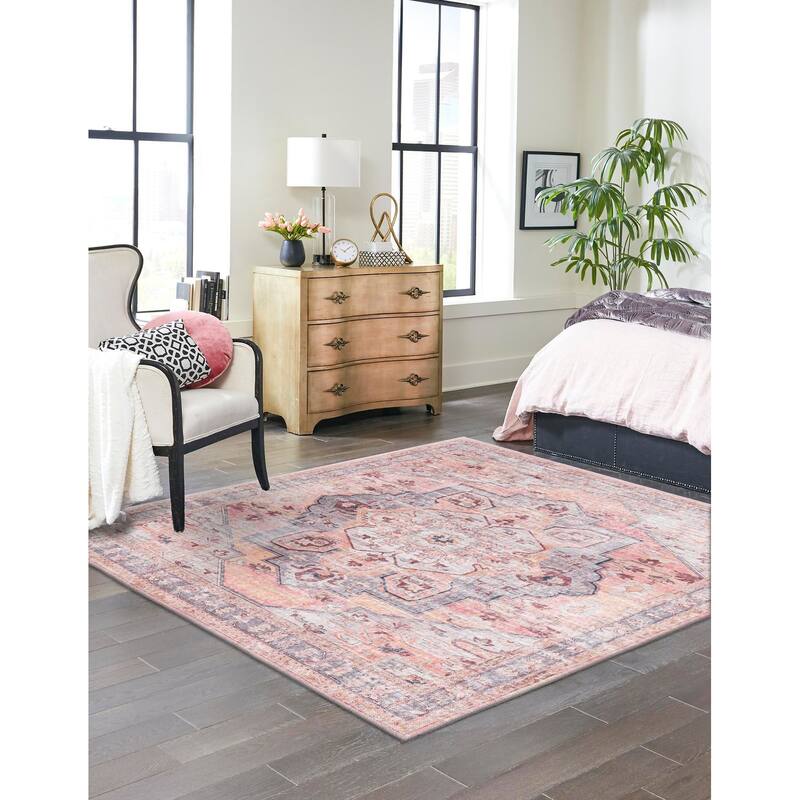 Transitional Shara Collection Area Rug - 5'3" Square - Apricot-Pink