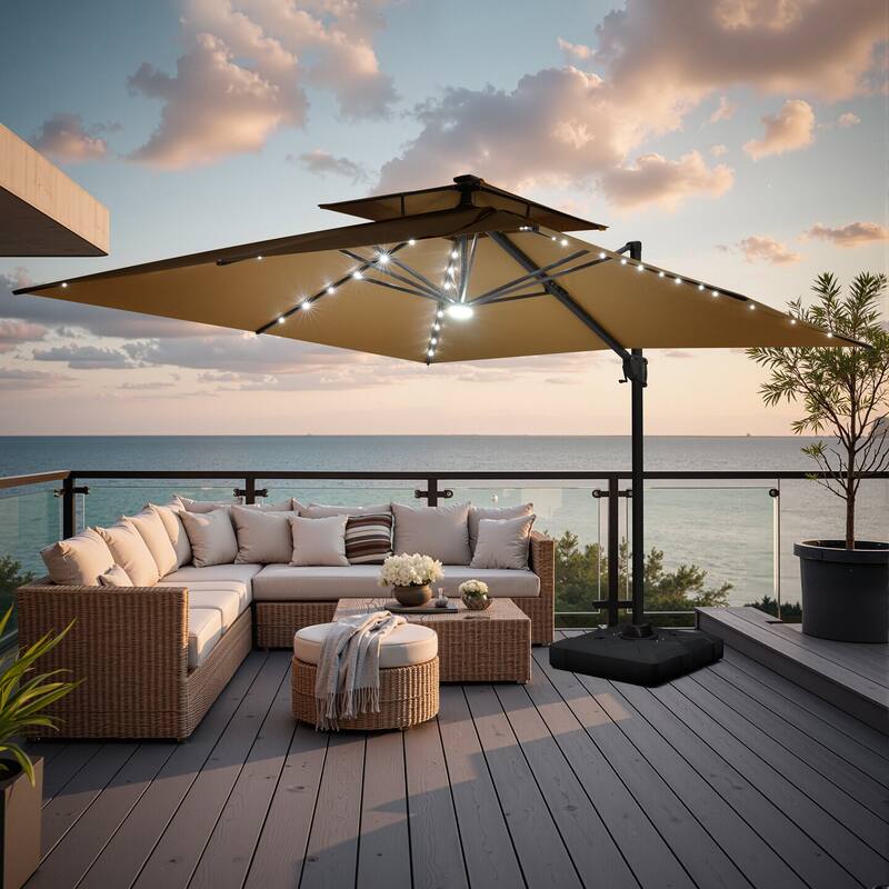 11FT Outdoor Patio Cantilever Umbrella with LED Lights Double Vented Umbrella with Base - Tan