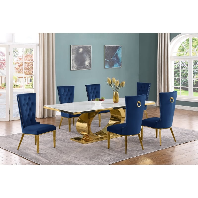 Best Quality Furniture D432/3-SC330-7 Dining Set with 87" White Marble Top